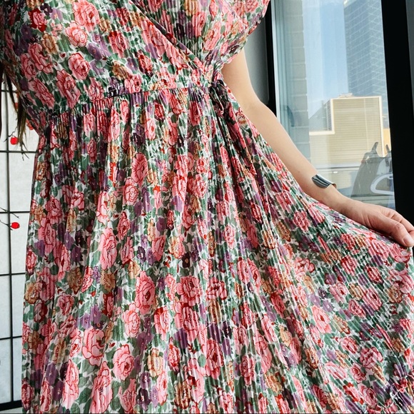 Phase II Wrap Drop Shoulder Busty Bodice Micro Pleated MIDI Floral Dress - Picture 5 of 17